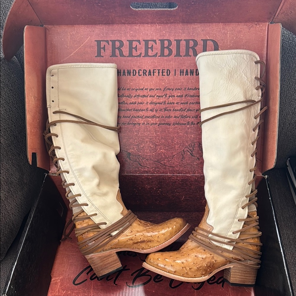 Freebird Cream and Brown Lace Up Boots with Stacked Heel